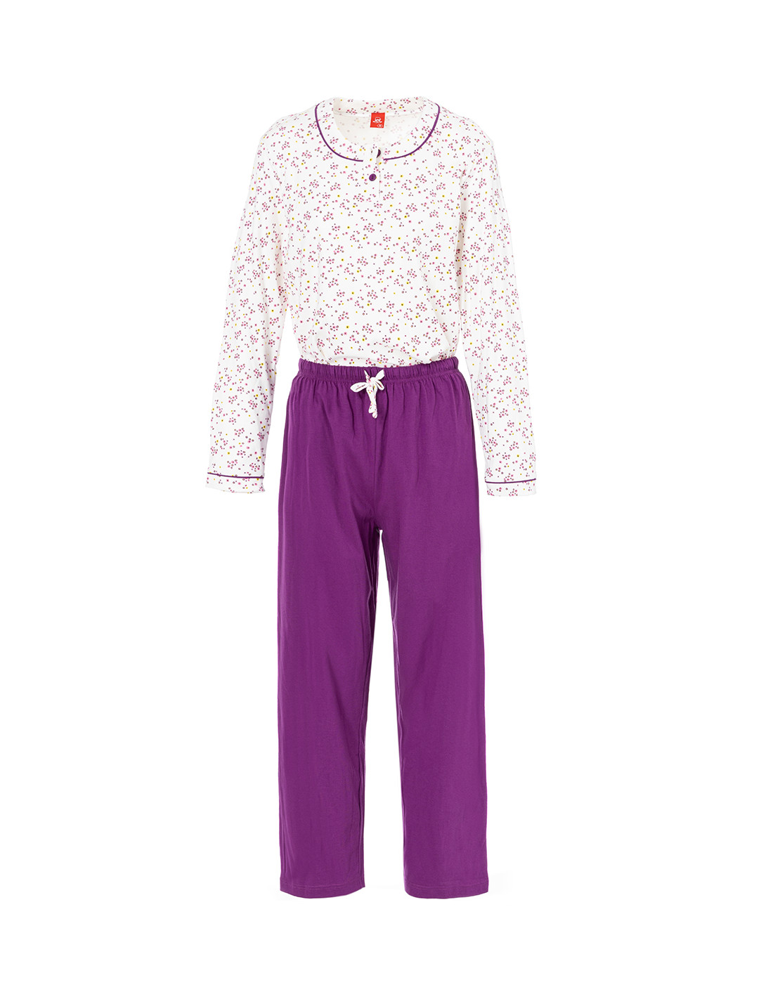 Pyjama Long Hiver Pour Femme - Col Rond, Manches Longues - 95% Coton, 5% élasthanne - Imprimé Flammes Et Pois - Confortable Et Chaud